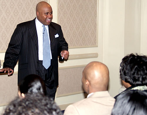 Delxino taking the stage, Detroit, Michigan Black Business Seminar