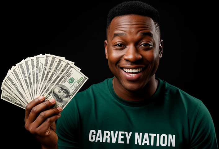 Excited African male holding cash