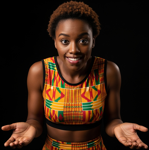 African woman in African athletic wear asking question