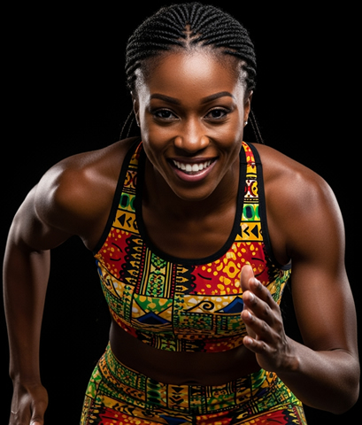 African woman in African athletic preparing to run