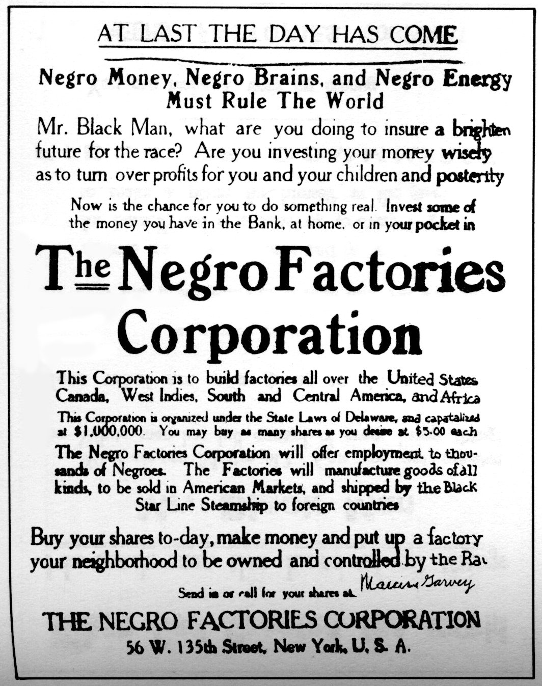 Negro Factories Corporation Advertisement