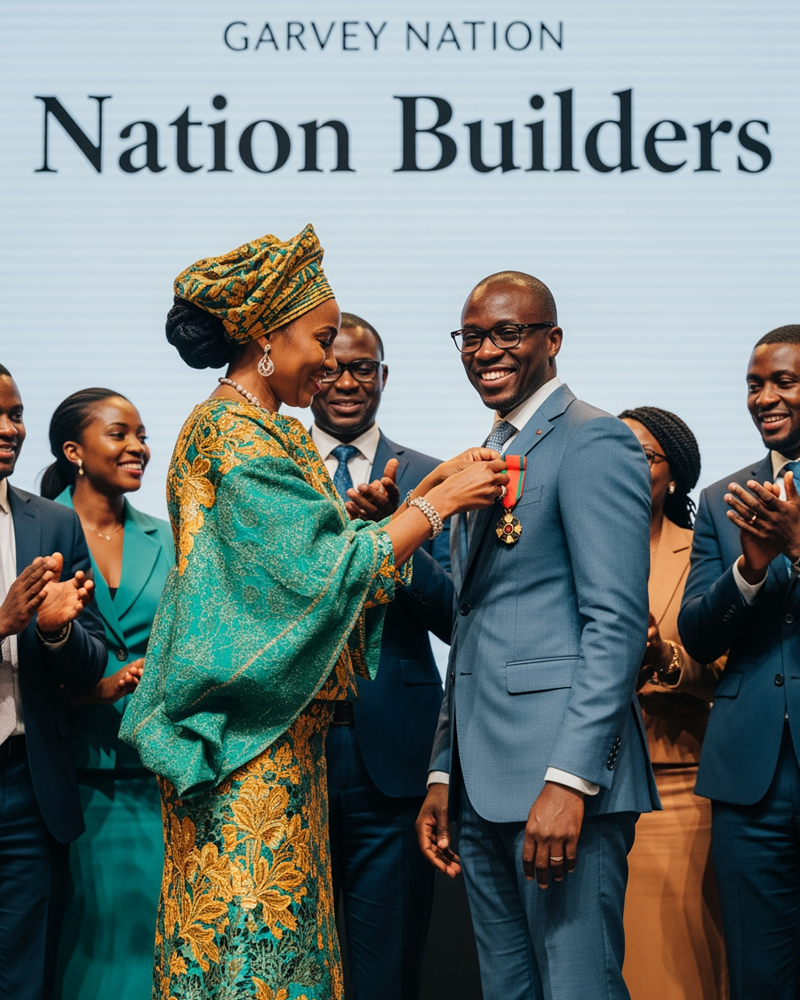 Sister wearing Nation Builder medal flexing arm