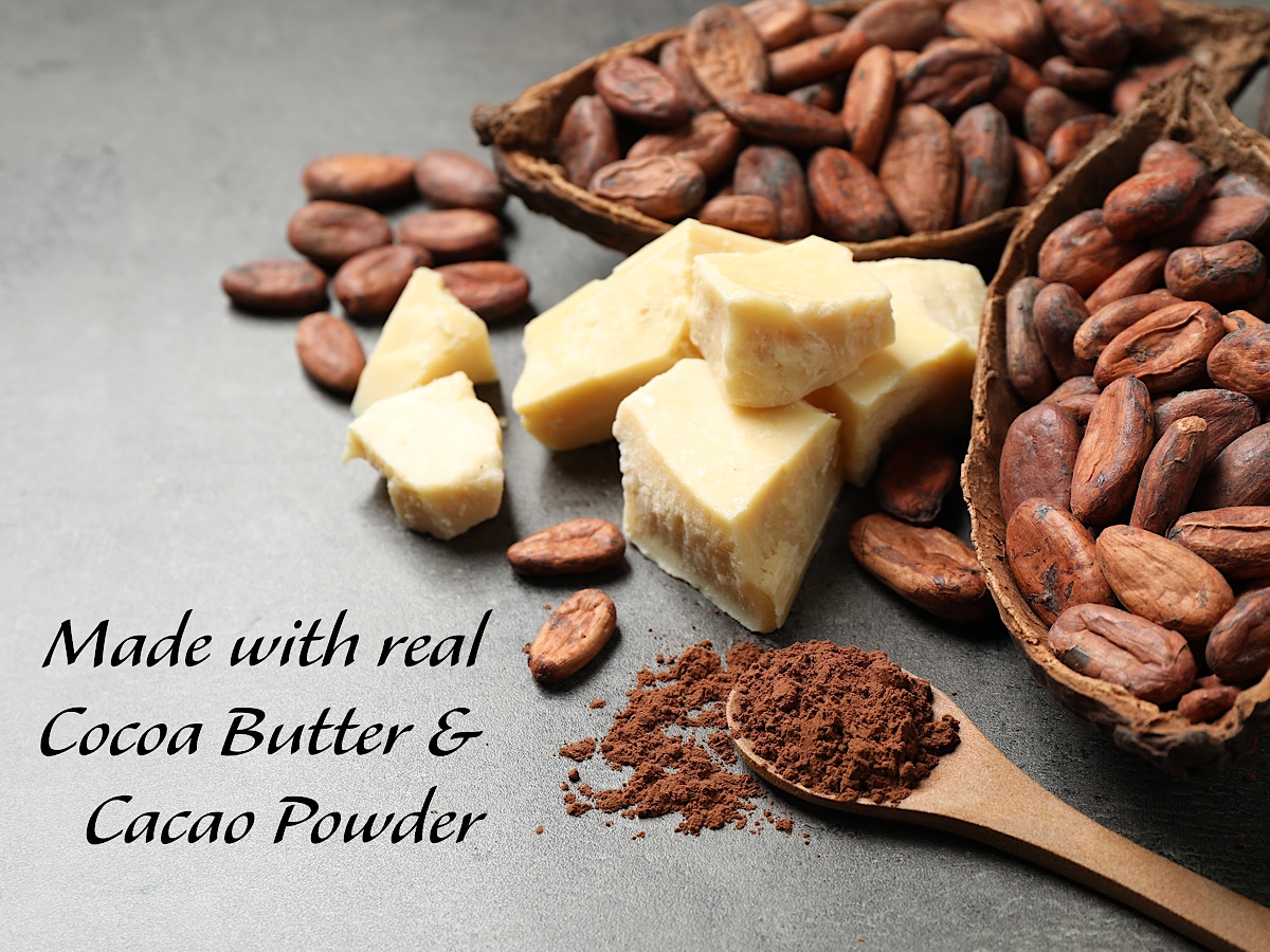Made with cocoa butter/cacao powder