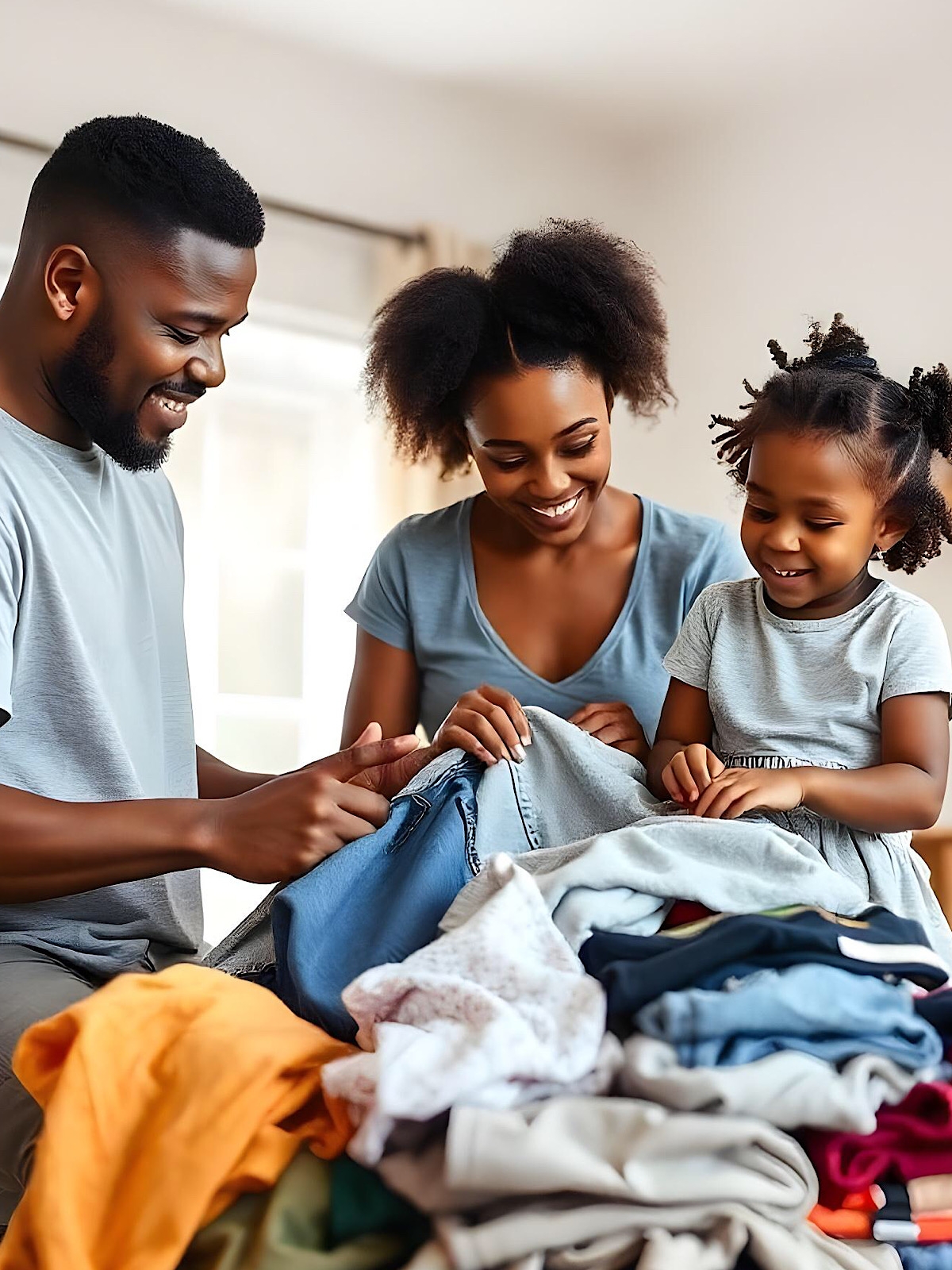 African family folding clothes