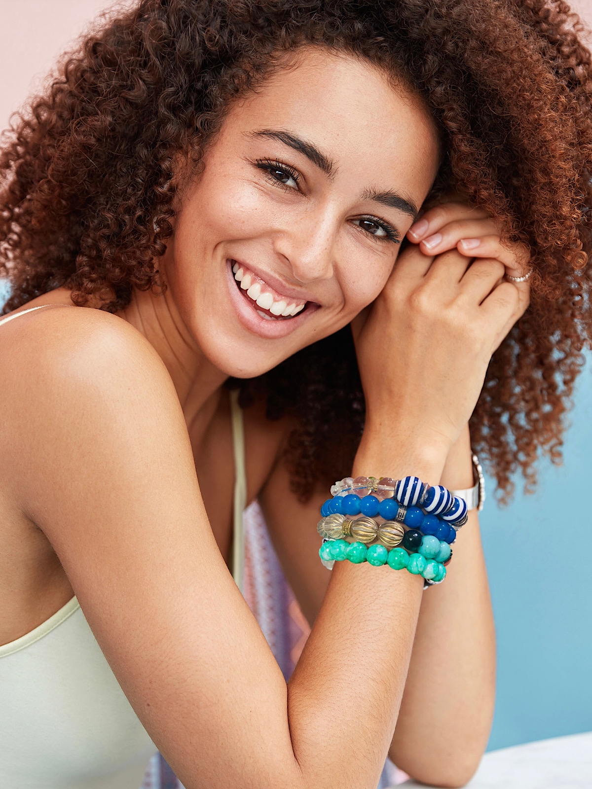 Girl wearing blue bracelets